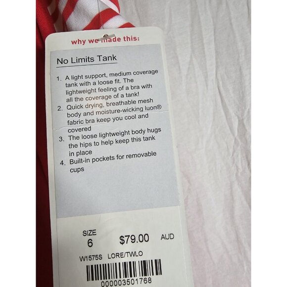 Lululemon No Limits TankLove Red / Twin Stripe Love Red- SIZE 6- NEW with Tags - Picture 3 of 8